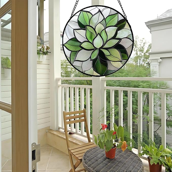 Stained Glass Window Hanging - Ireland Green Plants Suncatcher for Doors Garden Succulent Sun Catchers Decor Mother's St. Patrick's Day Birthday for Women Men Mom Nana 7.8 in
