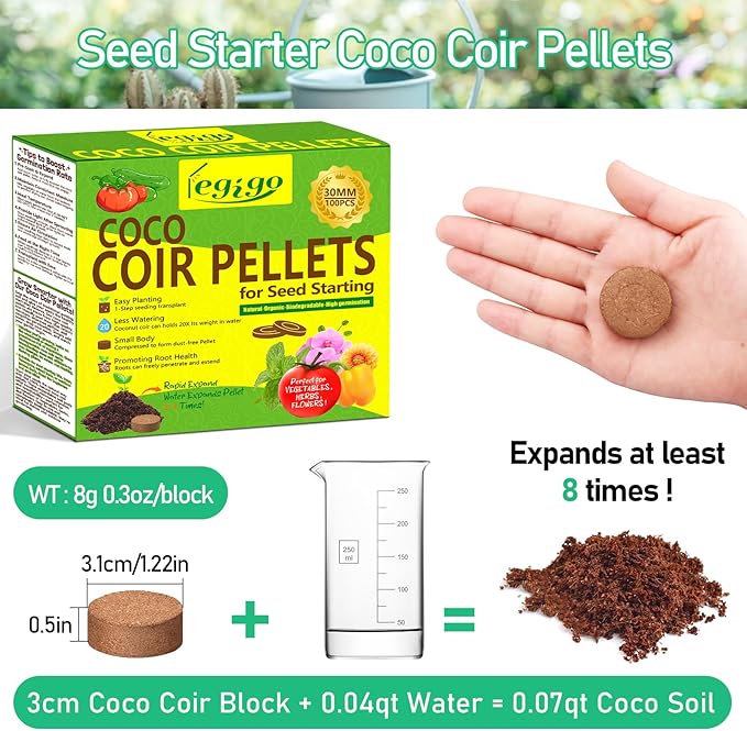 Legigo 100 Pcs 30mm Coco Coir Pellets Seed Starter Soil Mix- Organic Coconut Coir Potting Soil Pods for Seedling, Coco Peat Soil Discs for Indoor & Outdoor Plants Bonsai Herbs Vegetables and Flowers