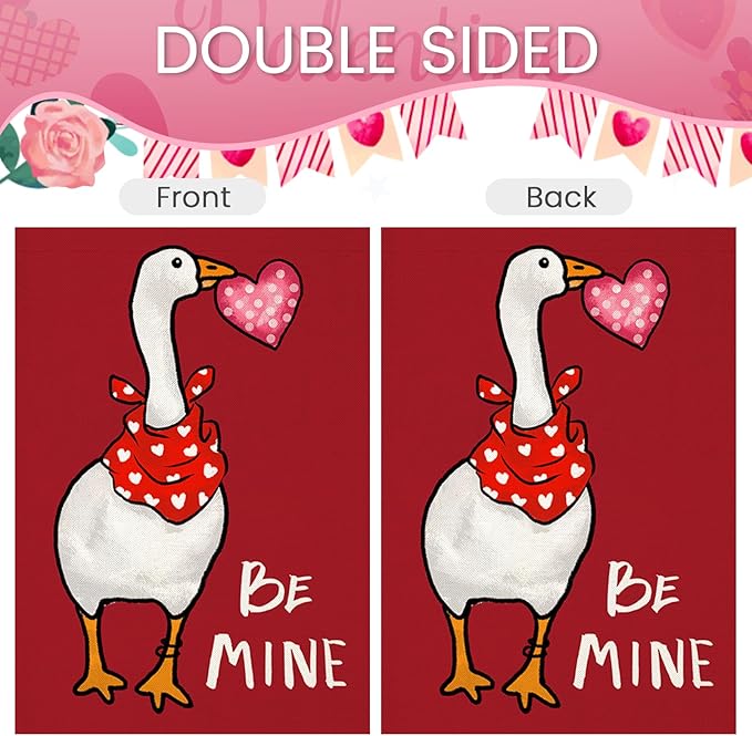 Valentines Day Garden Flags 12x18 Inch Double Sided, BE MINE Funny Goose with Love Heart Small Seasonal Decoration for Holiday Anniversary Wedding Yard Outside Outdoor