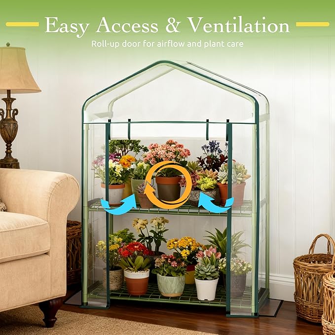 Mini Greenhouse for Outdoor Indoor, 2 Tier Shelves Small Green House for Winter, Portable Greenhouses with PE-Coated Metal Frame Heavy Duty PVC Cover, Plant Rack Stand House 2.3x1.6x3ft