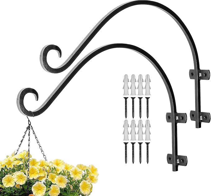 Monarch Abode Hanging Basket Hooks, Heavy Duty Metal Plant Hangers Outdoor or Indoor for Flower Basket, Wall Fence Hooks for Bird Feeder Bracket, Set of 2, 14-inch Black Plant Wall Hanger