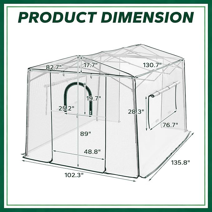 11.5x8.5x7.4 ft Walk-in Greenhouse, Portable Plant Hot House with Zipper Windows & Doors, Heavy-Duty PE Cover & Steel Frame, for Garden, Backyard