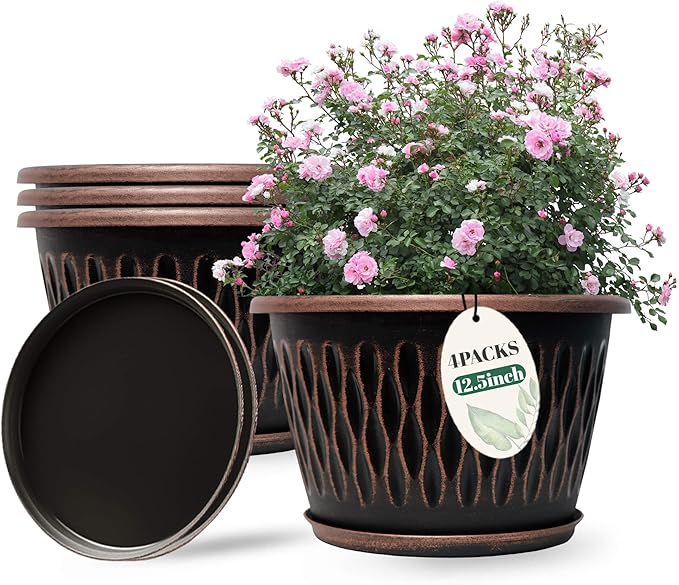 Usocik 4 Pack 12 Inch Retro Plant Pots, Vintage Striped Flower Pots with Drainage Hole & Saucer, Large Plastic Planters for Indoor and Outdoor Plants, Decorative Garden Pots(Copper)