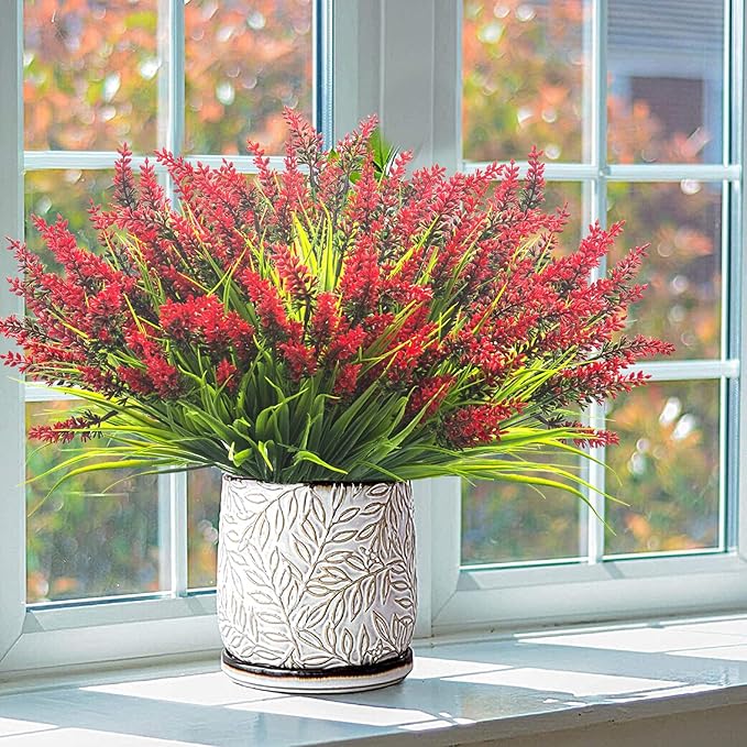 Grunyia 20 Bundles Artificial Plants Outdoor Fake Monkey Grass with Flowers (Red)