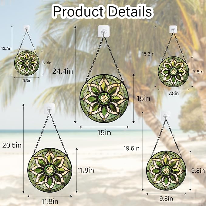 HWRHTR Stained Glass Window Hanging - White Green Boho Flower Suncatcher for Doors Window Home Sun Catchers Decor Christmas Mother's Day Birthday Gifts for Teacher Women Men Mom Nana 6.3 in