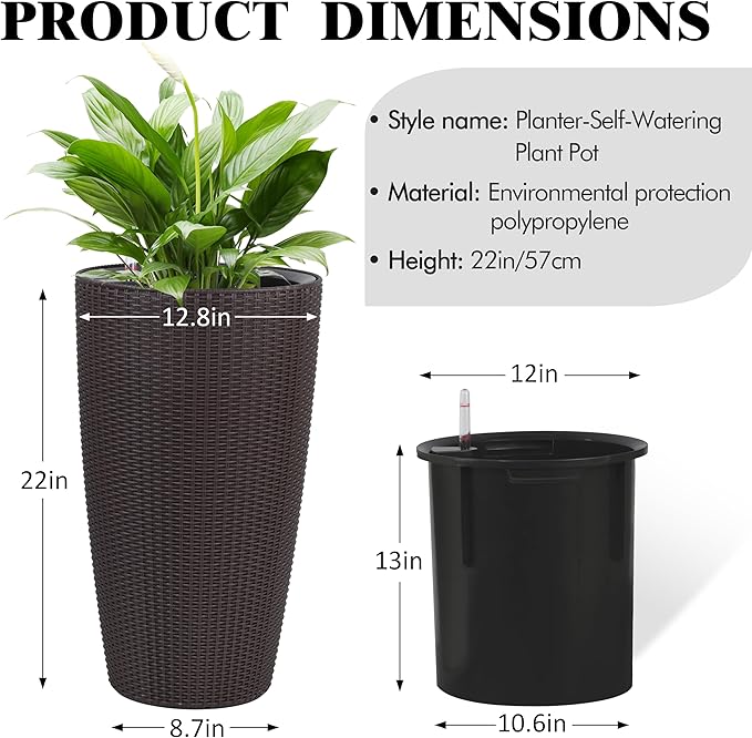 Vigo huseeo 22" Tall Planter Set of 2, Large Self Watering Pots for Indoor/Outdoor Plants with Drain Holes, Water Level Monitor, Inner Bucket for Front Porch Patio, Brown Rattan Conical