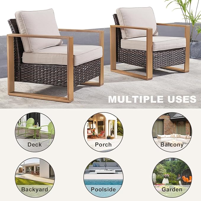 Rilyson Outdoor Wicker Patio Furniture Set - 4 Piece Patio Conversation Set with 2 Wicker Armrest Chairs,2 Rattan Ottoman, Sturdy Frame, Thick Cushions, Deep Seating(Brown/Beige)