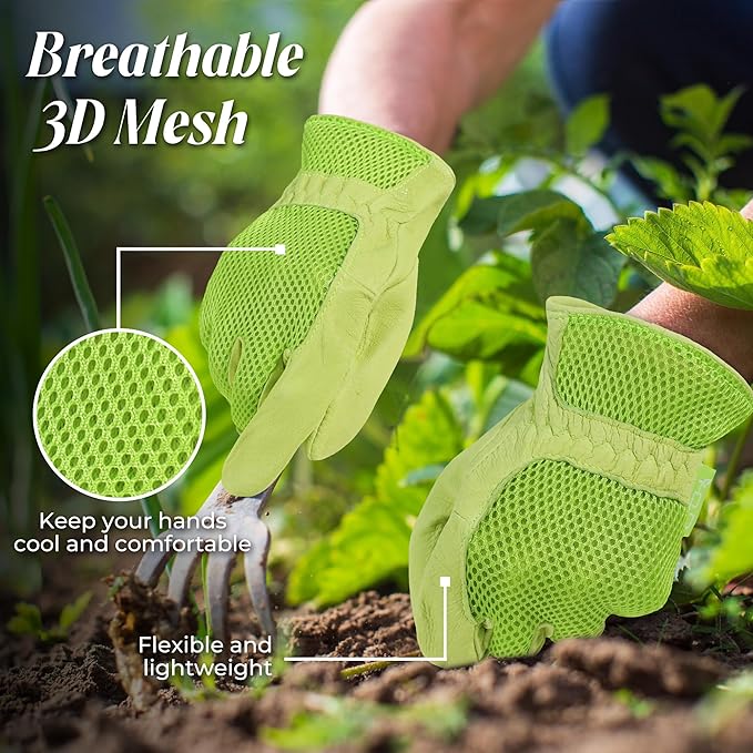 HANDLANDY Work Gloves for Women, Breathable Leather Gardening Glove for Yard Maintenance, Hand Protection with Touch Screen for Gardeners, Farmers
