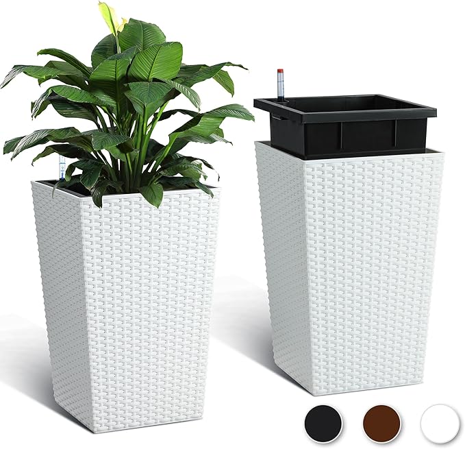 GarveeLife 16 in Tall Planter Set of 2 Large Rattan Flower Pot with 2 Trays & a Water Level Monitor Outdoor and Indoor for Patio, Porch, Living Room, or Home Office, White