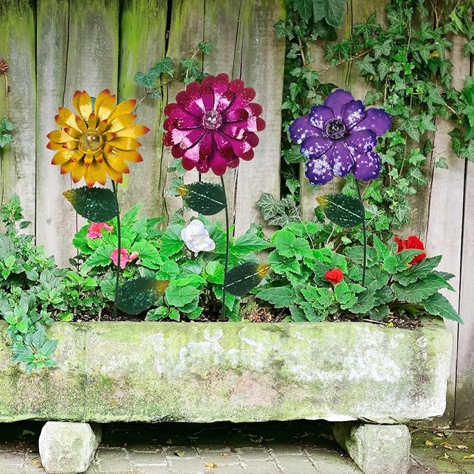 Topadorn 3 Pack Floral Garden Stake Outdoor Glow in Dark Plant Pick Waterproof Metal Flower Spring Decorations Lawn Yard Patio Art Stakes, Ornaments Gift for Garden Lovers