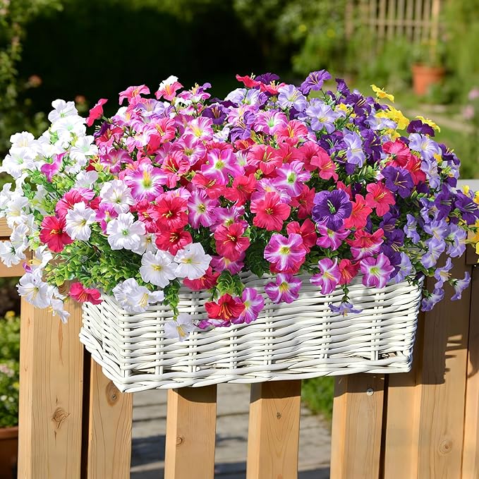 Artificial Flowers for Outdoors Fake Plants Outside Decoration, 20 Bundles Silk Petunia with Eucalyptus UV Resistant Realistic Faux Flowers for Outdoor Planters Garden Balcony Yard Porch Patio, Mix