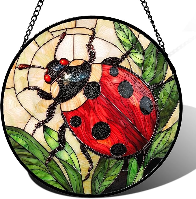 AMDERVEN Stained Glass Window Hanging - Red Seven-Spotted Ladybug Sun Catcher for Door Home Decor Insect Suncatcher Christmas Mother's Day Birthday Gifts for Women Men Mom Nana 6.3 in