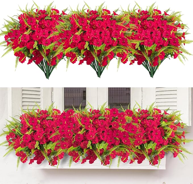 HIAGROW Artificial Flowers Outdoors 12 Bundles Artificial Petunias Fake Flowers UV Resistant Shrubs Plants with Fern for Indoor Outside Hanging Planters Home Garden Summer Decorations(Rose Red)