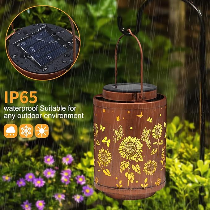 Tepaken 2 Pack Solar Outdoor Lanterns, Garden Decor LED Light Hanging Waterproof Solar Metal Lantern Birthday Gifts for Women Mon Grandma Sunflower Solar Lights Outdoor Decoration(Butterflies)