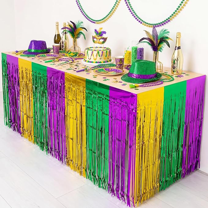 ADXCO 2 Pack Mardi Gras Table Skirts Party Decorations Metallic Foil Fringe Disposable Tinsel Table Skirt Gold Green Purple Banner Garland, 29 x 106 Inches