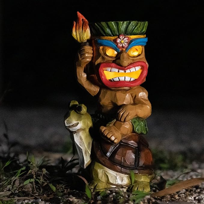 Tiki Outdoor Statue with Turtle Decor - Solar Powered Garden Figurine Tiki Art for Tiki Bar,Backyard,Garden,Yard,Flowerbed,Walkway,Patio,Lawn,Porch Decorations,Gifts