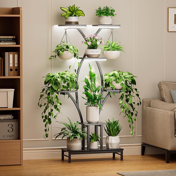 VOZZYOTO Plant Stand Indoor with Grow Lights - 7 Tiered Metal Corner Shelf for Multiple Plants, 63" Corner Plant Stand for Indoor Plants, X-Shaped Plant Rack for Home, Living Room, Office & Patio Decor