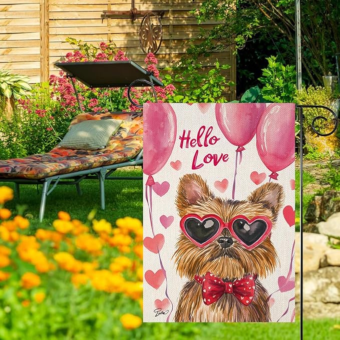 Valentine's Day Brussels-Griffon Hello Love Garden Flag, House Yard Plaid Love Heart Outside Decoration, Spring Holiday Wedding Anniversary Outdoor Small Decor 12x18(12653)