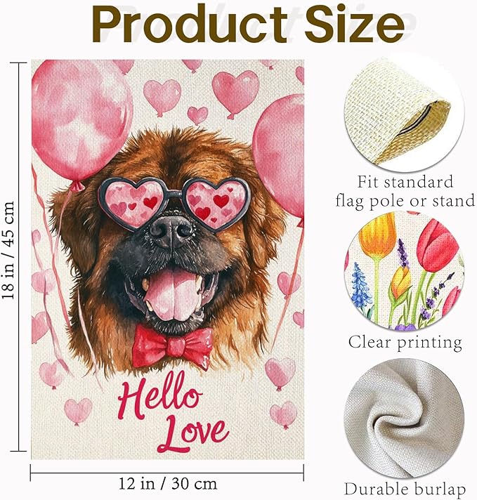 Valentine's Day Tibetan Mastiff Hello Love Garden Flag, House Yard Plaid Love Heart Outside Decoration, Spring Holiday Wedding Anniversary Outdoor Small Decor 12x18(12649)