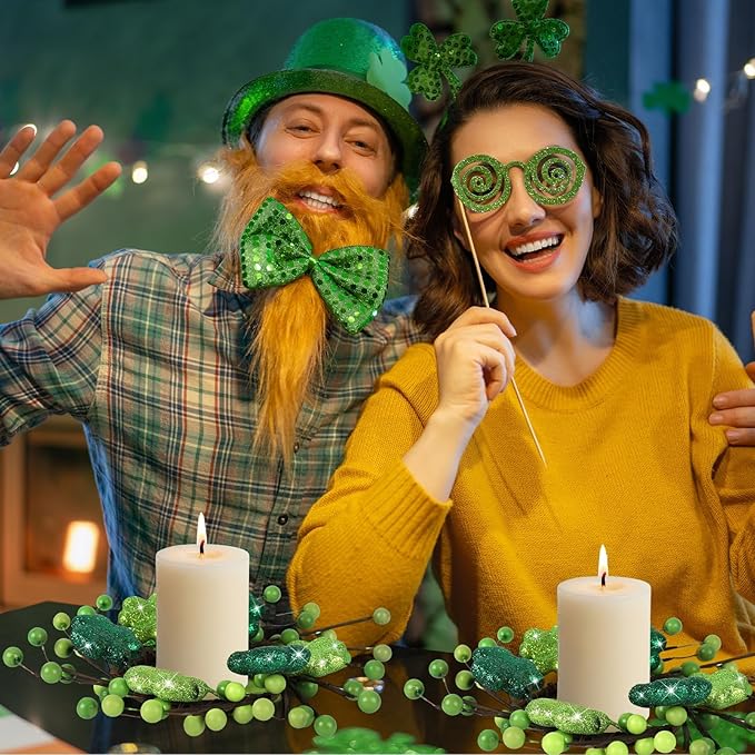 6 PCS Mini St. Patrick's Day Glitter Shamrocks Kitchen Cabinet Wreaths Small St. Patrick's Day Wreath for Front Door with Ribbon Spring Lucky Green Irish Clover Berry Wreath for Porch Wall Window