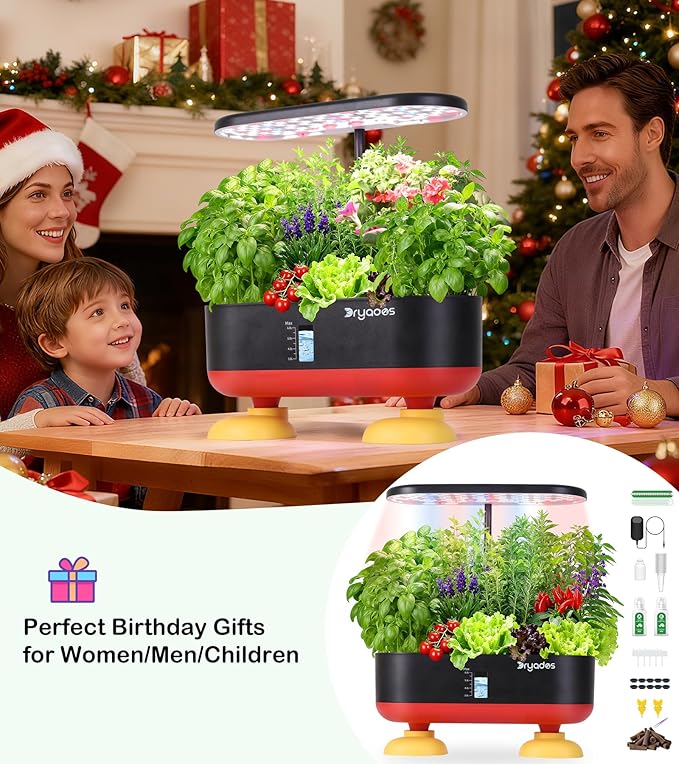 16 Pods Hydroponic Growing System, Indoor Garden with 24W Full-Spectrum LED, Smart Quiet Auto-Watering Herb Planter, Classic Red-Black Gift Design for Home, Office & Holiday