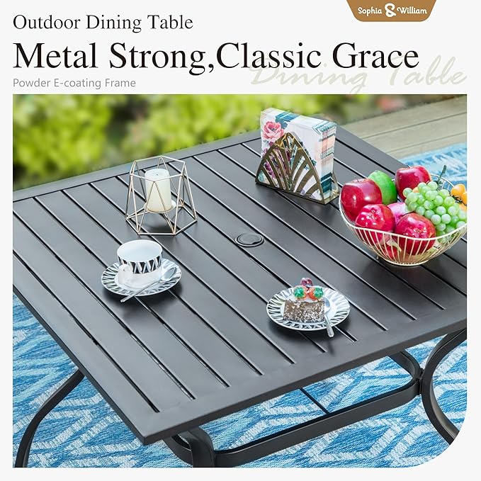 Sophia & William Metal Outdoor Patio Dining Set 6 PCS with 10ft 3 Tier Auto-tilt Umbrella(Beige), 4 x Metal Outdoor Chairs, 1 x Square 37"x 37" Dining Table and 1 Patio Umbrella