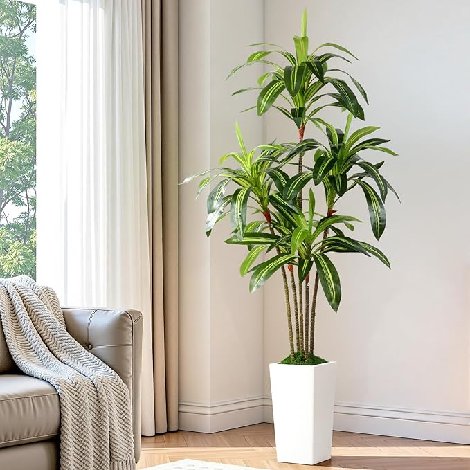 Alupssuc Artificial Dracaena Fake Tree 6FT, White High Pot Artificial Plants Indoor&Outdoor, Fake Plants for Office/Home/Living Room Potted Decoration, 6ft