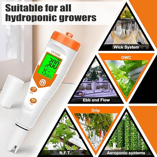 pH Meter for Hydroponics PPM EC Meter for Plant Nutrients Simultaneous Measurement of pH Conductivity TDS Temperature for Reservoir Tank Water DWC Aeroponic Garden Indoor Outdoor Growing