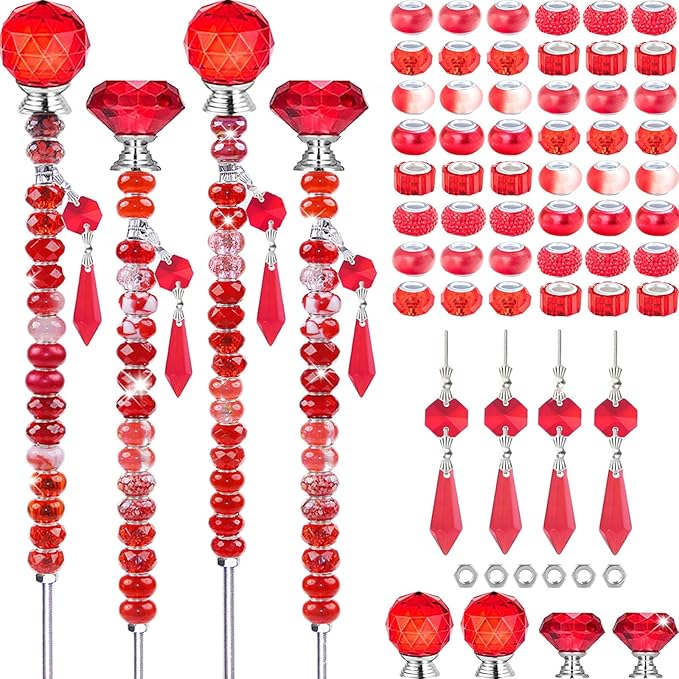 121 Pcs DIY Fairy Wand Beaded Garden Stakes Kit, Fairy Wands Garden Kit Red Large Hole Bead with Sparkling Pendants Crystal Stopper Top Threaded Rod Beaded Garden Stakes Supplies Outdoor Decorative