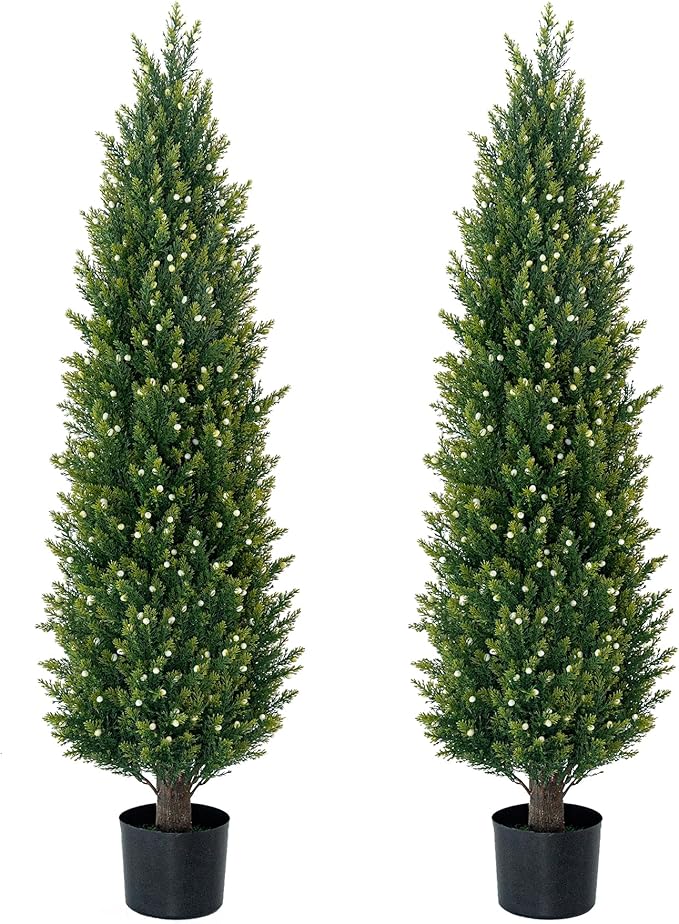 4FT Artificial Cedar Topiary Trees Set of 2 Faux Pine Trees White Berries Fake Shrubs UV Resistant Potted Plant Artificial Plants for Front Porch Garden Indoor Outdoor