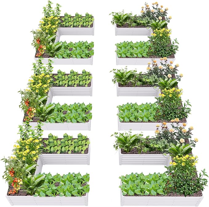 A ANLEOLIFE 6 Set U-Shaped Galvanized Raised Garden Beds Outdoor,6x6x1.5ft Large Metal Planter Box for Planting Vegetables Flowers Herb, Anti-Rust & Easy-Setup, Antique White