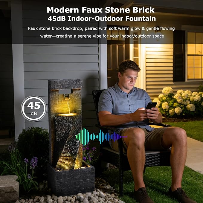 39.8’’ Tall Modern Spiral Waterfall Fountain Outdoor/Indoor Water Fountain Resin Stone-Like Water Feature with LED Lights for Outside, Garden, Patio, Porch, Deck, Backyard, Home Decor