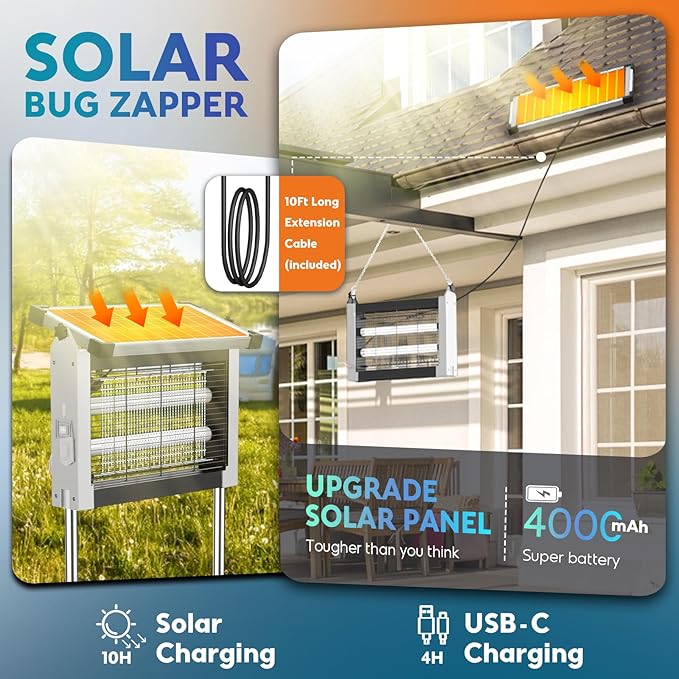 Solar Bug Zapper Outdoor, PhatroyYee Mosquito Zapper 4500V, Waterproof Portable Fly Zapper, Rechargeable Electric Mosquito Killer, Cordless Fly Insect Mosquitos Trap for Patio Yard Home Camping(White)