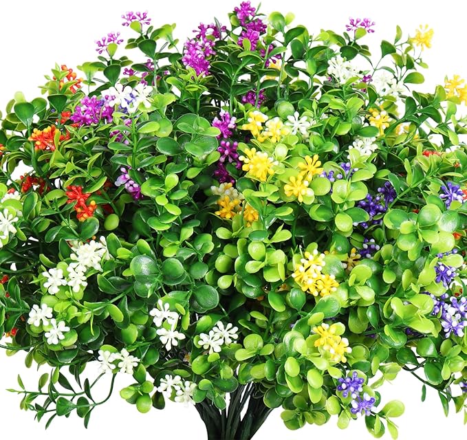 RECUTMS Artificial 10 Bundles Artificial Flowers UV Resistant Outdoor Plants Plastic Faux Greenery Shrubs for Indoor Outdoor Spring Decoration Wedding Home Garden Kitchen Office Table (Mix Colors