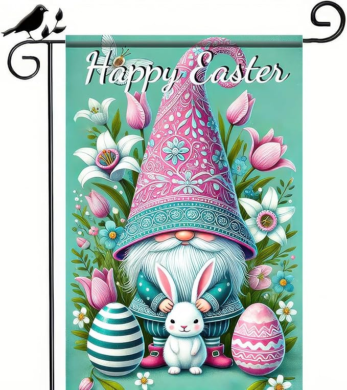 Happy Easter Garden Flag 12x18 Inch Double Sided Easter Gnome Bunny Floral Egg Design Small Outdoor Yard Flag Spring Easter Decor for Porch Lawn Patio Garden