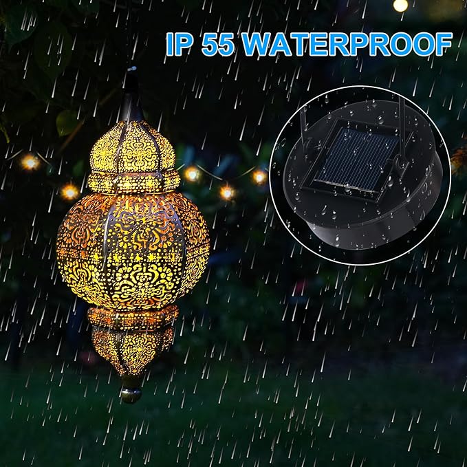 Hanging Solar Lights, Outdoor Decor Solar Lantern, Waterproof Metal Moroccan Lantern for Outside Patio Pathway Yard Front Porch Backyard Garden Decorative (1 Pack)