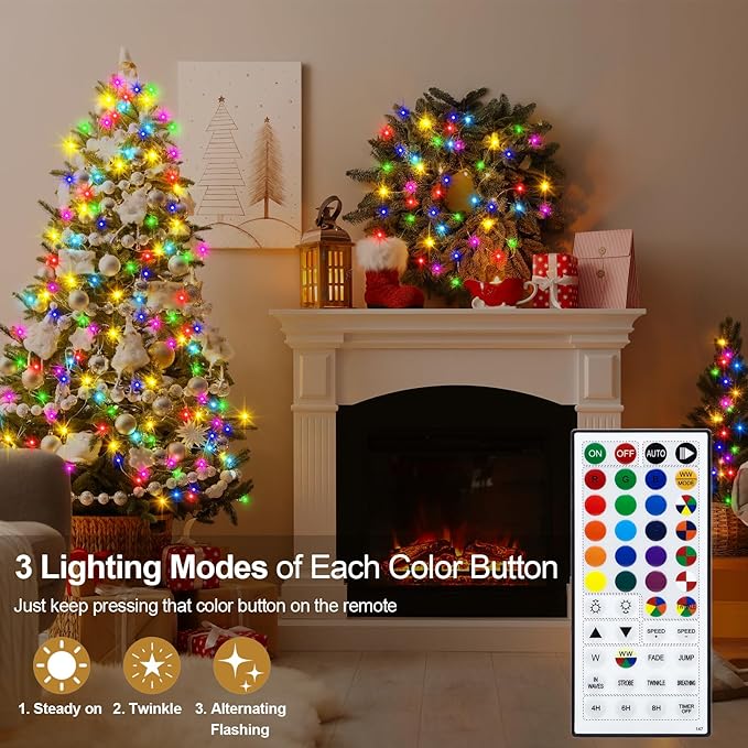 echosari Fairy Lights Battery Operated, 33Ft 100 LED 150 Scene Modes Silver Wire Twinkle Lights with Remote Timer for Bedroom Trees Garden Decor (RGB + 2700K Warm White)