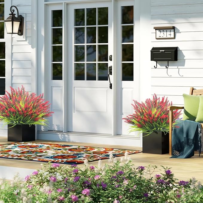 Grunyia 20 Bundles Artificial Plants Outdoor Fake Monkey Grass with Flowers (Red)