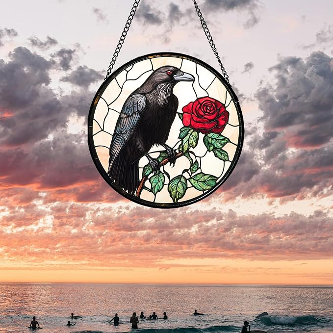 Stained Glass Window Hanging - Black Crow Red Rose Suncatcher for Doors Garden Patio Bird Sun Catchers Decor Christmas Mother's Day Birthday Gifts for Women Men Mom Nana Friend 11.8 in