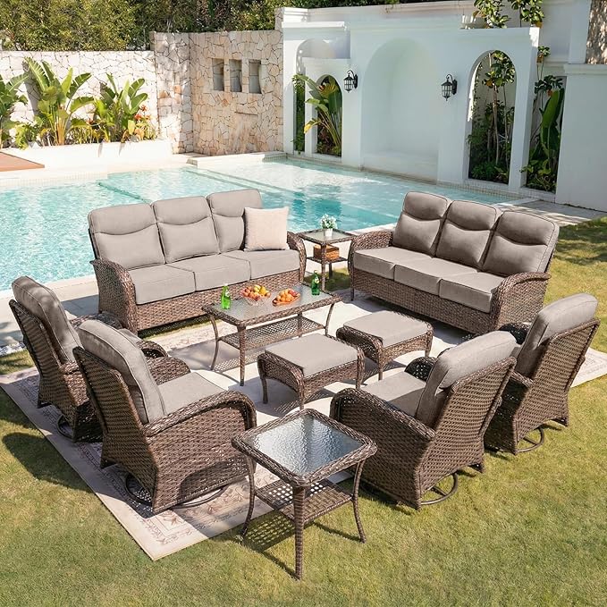 Belord Upgraded 6“ Cushion Luxury 11 Piece Patio Furniture Set - Wicker Outdoor Conversation Set with Swivel Rocker Patio Chairs, High Back Outdoor Furniture for Deck Porch Yard - Brown/Beige