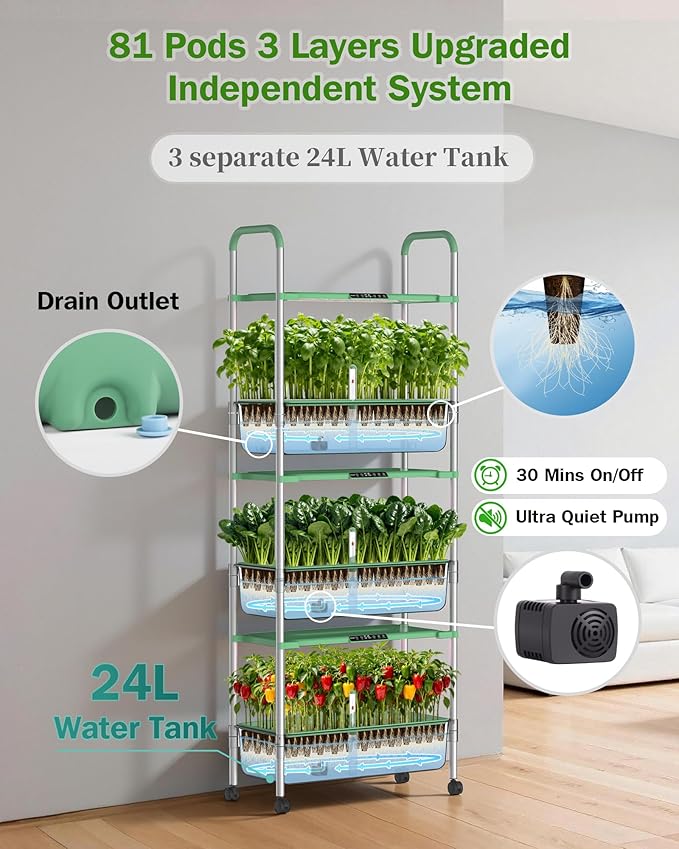 Large Hydroponics Growing System Kit, Vertical Indoor Herb Garden Kit with LED Grow Light & Independent Water Pump, 42L Movable Indoor Planter Perfect Gardening Gifts (3 Tier-81 Pods Green)