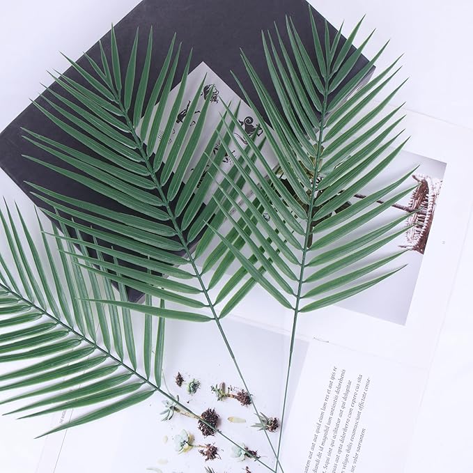 Abzo 20 Pcs Artificial Palm Leaves Stems Greenery Tropical Palm Leaves Faux Monstera Leaves Plant for Palm Sunday Flower Arrangement Home Kitchen Party Table Decor, Wedding Birthday Theme Parties.