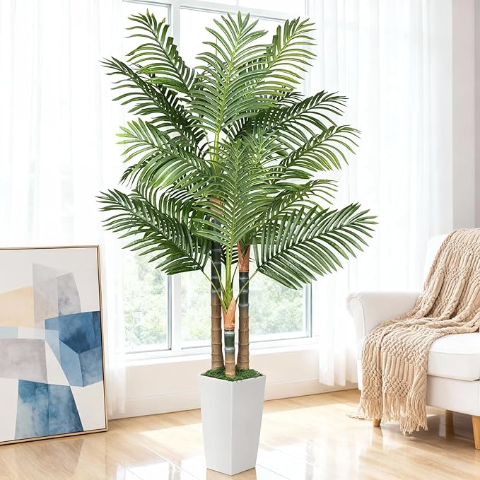 6ft Artificial Palm Tree Indoor Plant with White Tall Planter, Faux Silk Tropical Areca Floor Plant in Pot, Artificial Plants with Lifelike Leaves for Home Office Decor