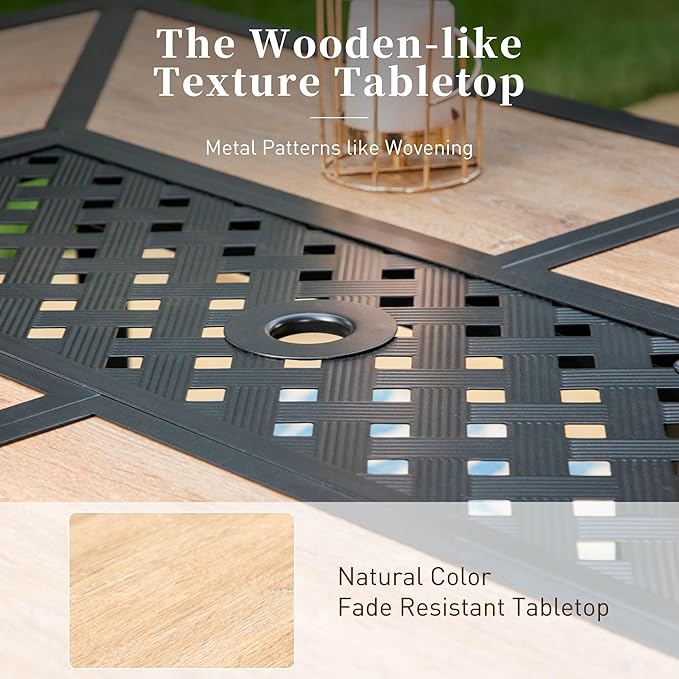 61" Patio Dining Table for 6,Teak Color Rectangle Patio Table with Umbrella Hole,E-Coating and Powder Coating Steel Frame Metal Outdoor Patio Table for Garden Backyard Lawn Yard