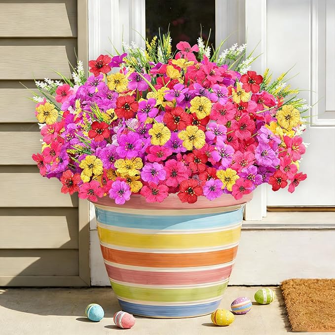 24 Bundles Realistic Fake Flowers for Outdoors, No Fade Faux Silk Flowers & Artificial Plants Lavender, for Garden Patio Porch Decor, Window Box, Hanging Basket, Planter, Grave Decorations