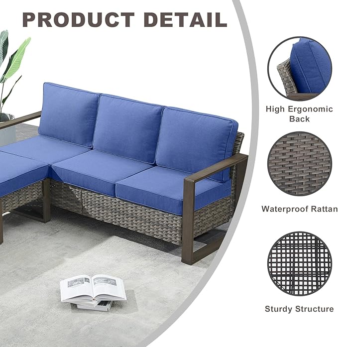 Rilyson Outdoor Couch Wicker Patio Sofa, Rattan Patio Furniture Sofa with Sturdy Frame,All-Weather PE Wicker,Wide Armrest,Deep Seating and Thick Cushions for Deck Porch Garden(Mixed Grey/Blue)