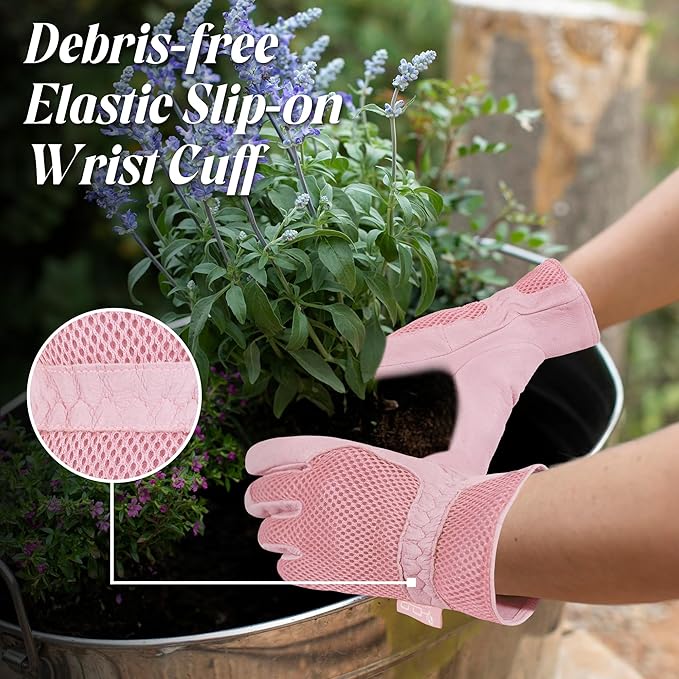 HANDLANDY Work Gloves for Women, Breathable Leather Gardening Glove for Yard Maintenance, Hand Protection with Touch Screen for Gardeners, Farmers
