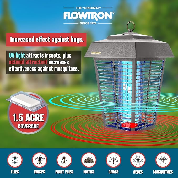Flowtron Bug Zapper, 1-1/2 Acre of Outdoor Coverage with Powerful 80W Bulb & 5600V Instant Killing Grid, Electric Insect, Fly & Mosquito Zapper, Made in The USA, UL Certified - Grey Color