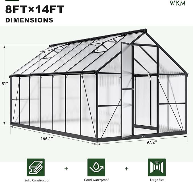 WKM Greenhouse for Outdoors 8x14 FT, Walk-in Polycarbonate Greenhouse with Roof Vent and Quick Setup Structure, Heavy Duty Aluminum Green House for Outsides Backyard Garden, Black