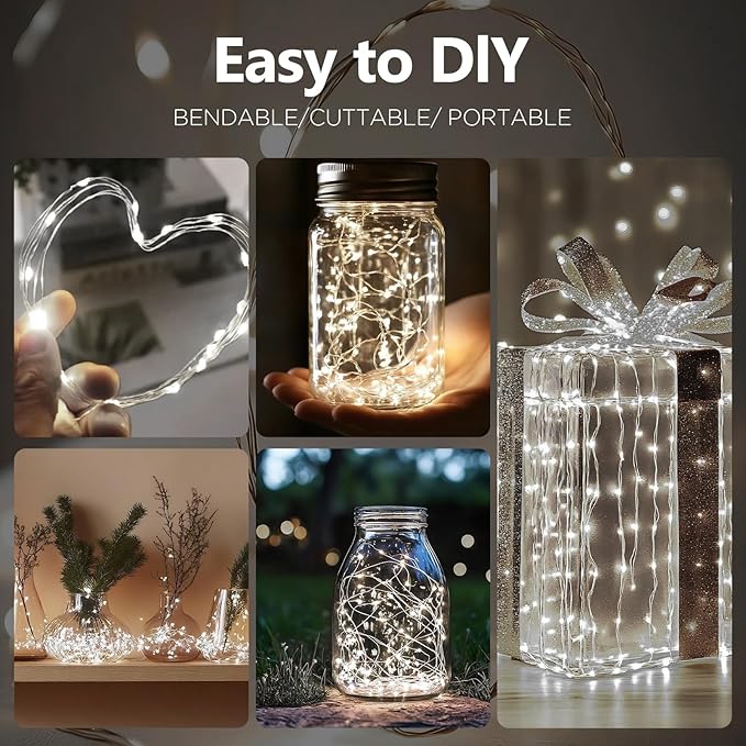 Fairy Lights Battery Operated String Lights 16.4ft 50LED Flashing and Constant Light Waterproof Silver Wire for Christmas DIY Party Wedding Decoration (White, 4 Pack)